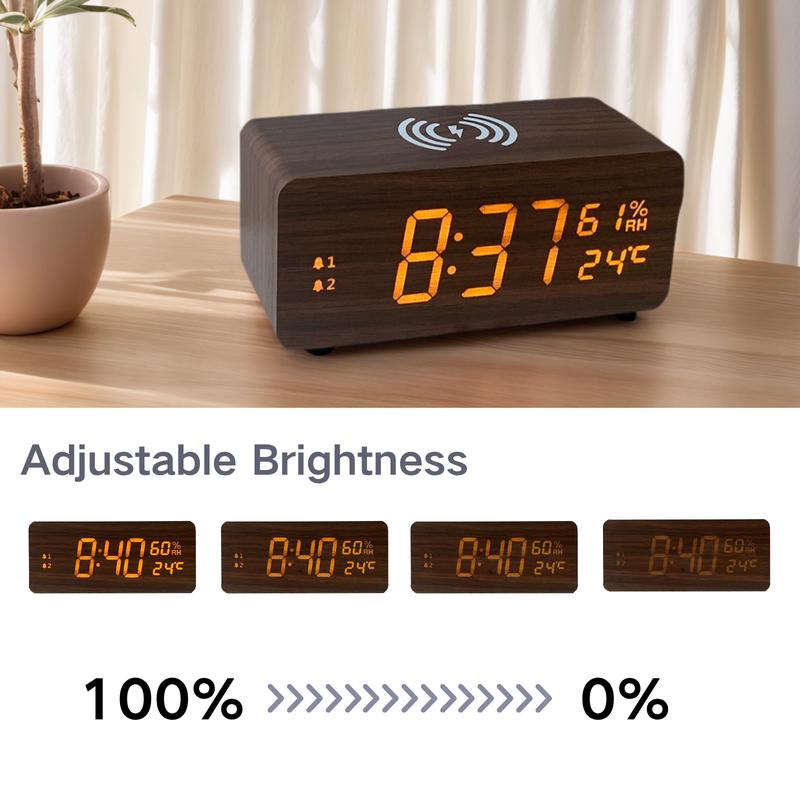DARAUME Wooden Digital Alarm Clock  Alarm Clock with Qi 15W Wireless Charging Pad  Brightness Adjuster and Alarm Volume Adjuster  Snooze Function  Dual Alarms with Sound Control Function, Time and Date and Temperature Display for Bedroom, Office and Home
