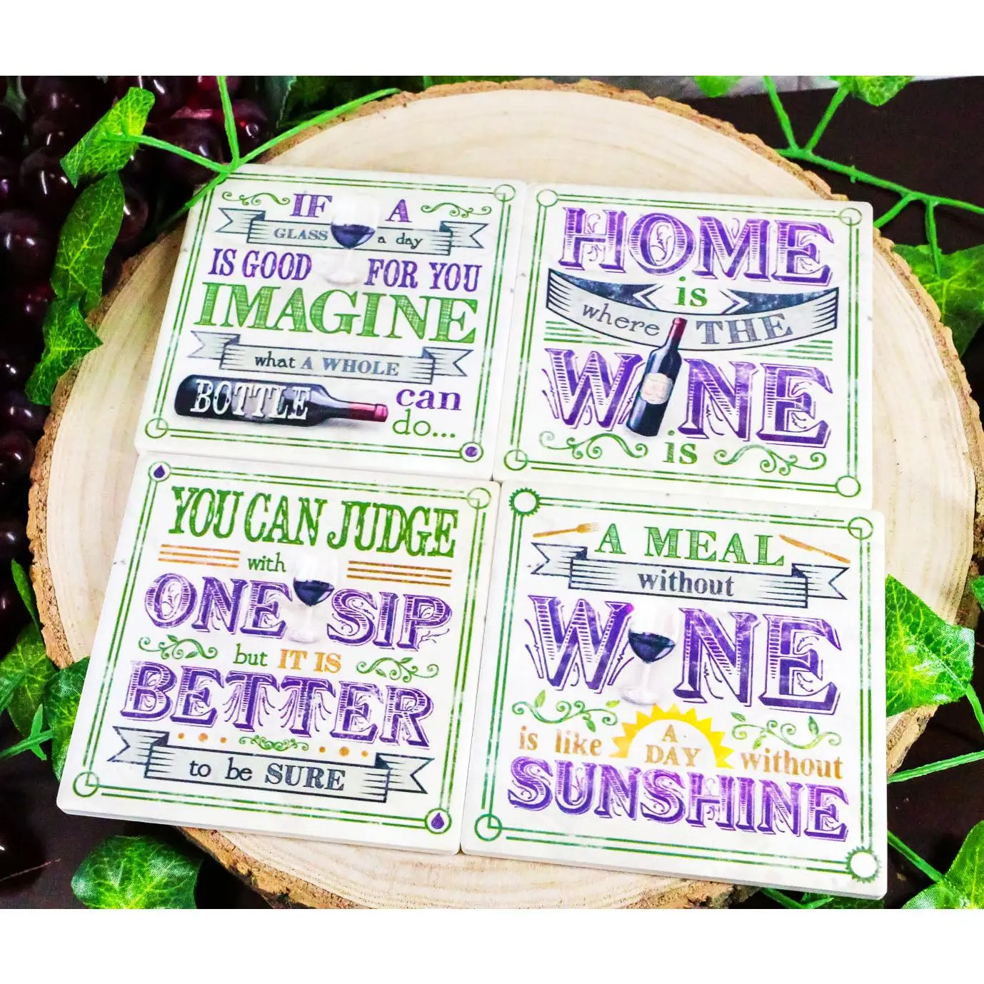 Ebros All About Wine Hosting Kitchen Decorative Ceramic Coaster Set Of 4