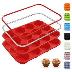 Pack 12 Cups Silicone Muffin Pan with Metal Reinforced Frame Regular Size Silicone Molds Cupcake Cake Baking Pans Cookie Baking Cupcake Mold Nonstick Muffin Tin Home Baking Supplies