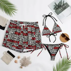 Y2K Gwen Inspired Matching Couple Hawaiian Shorts & Bikini Set – Retro Rock Steady Festival Style Black Beachwear, Lightweight Quick Dry Summer Vacation Pool Party Outfit