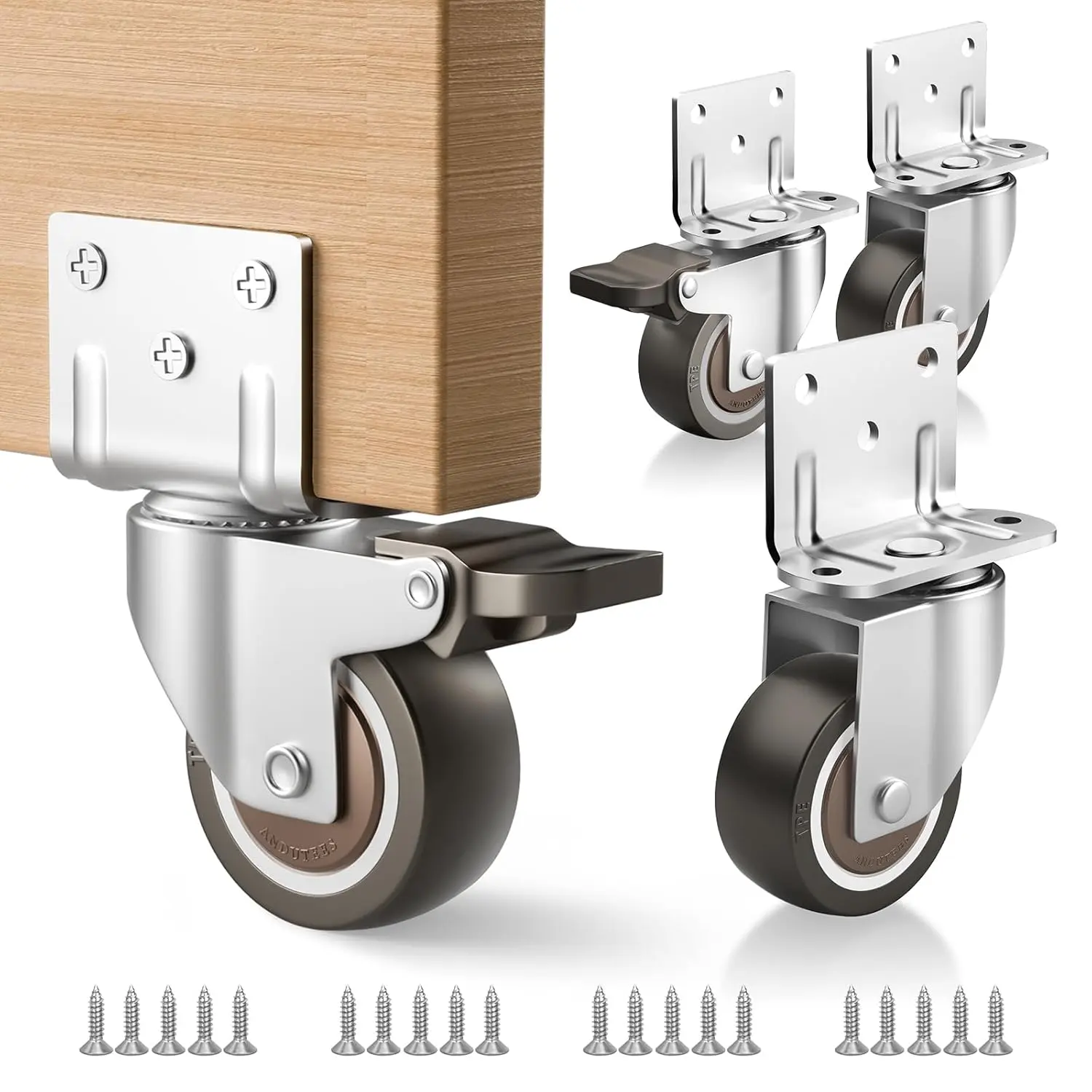 Side Mount Rubber Castors Set of 4 - 1.5 in L-Shaped Synthetic Wheels, 2 Side Mount Wheels, 360-Degree Rotation Locking Swivel Top Plate, 240lb Total Load for Furniture, Bed, Cabinet
