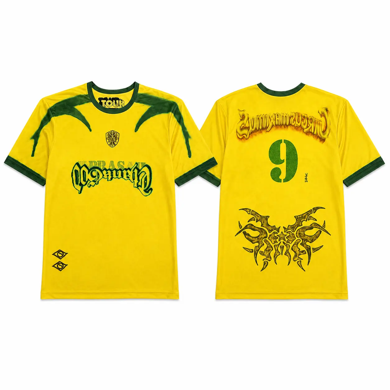 Brazil Inspired Soccer Jersey Number 9 Yellow Green Football Shirt Vintage Unisex Fan Top