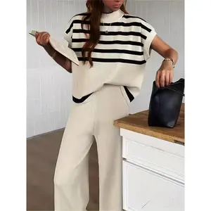 Vibrant Striped Print Casual Pantsuit Set - Flattering Mock Neck Batwing Sleeve Top, Wide Leg Pants, Spring & Summer Essential, Women's Comfortable Clothing for Everyday Wear