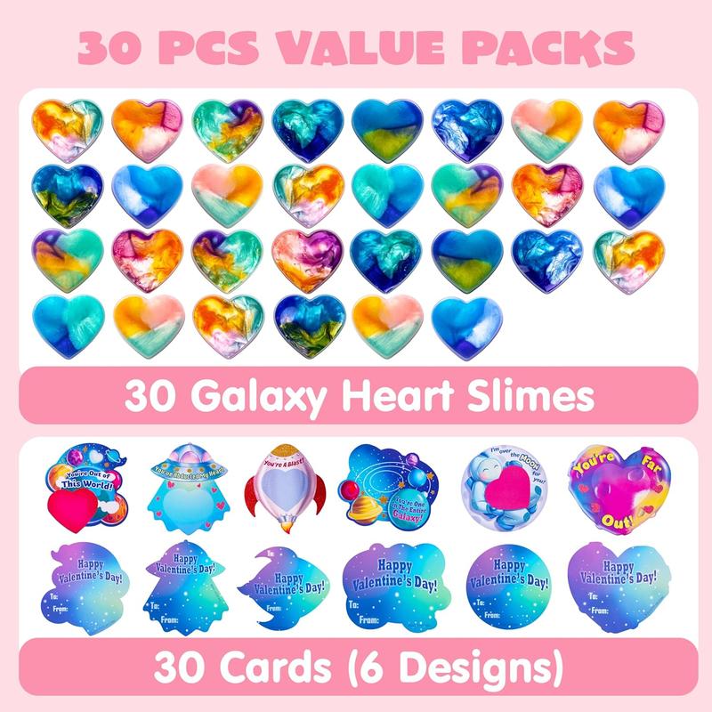 30 PCS Valentine Day Gift Cards with Galaxy Slime Stress Relief Fidget Toys for Kids Classroom Exchange Prizes, Valentines Party Favor