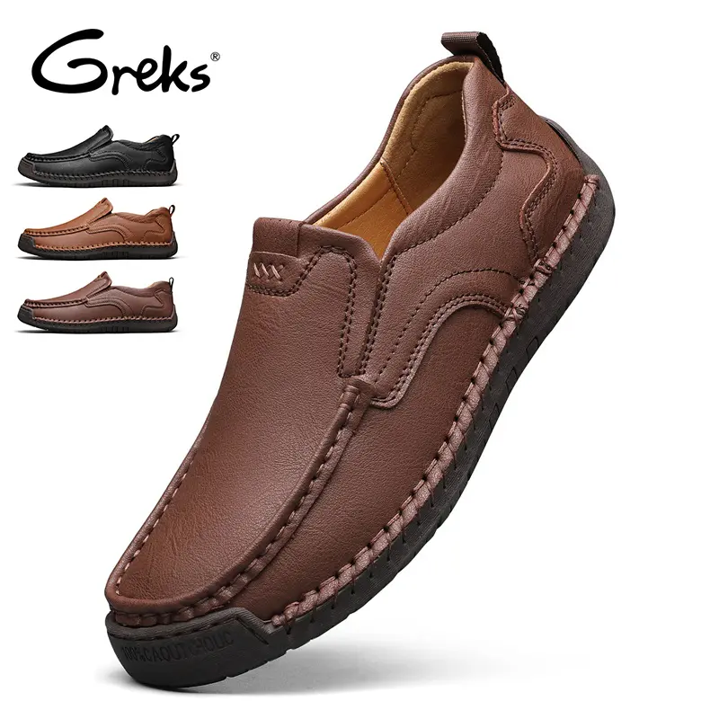 GREKS Men's Comfortable Flexible Classic Easy Dark Brown Slip-On Loafers - Handmade Stitching, Elegant Plain Round Toe, Simple Design Casual Slip-Ons & Flat Shoes for Daily Wear Walking, Flexible Loafers