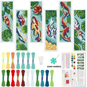6-Piece Koi Fish Stamped Cross Stitch Bookmark Kit, Beginner-Friendly Vintage Style, Includes Fabric, Thread, Tools, Instructions, Unique Home Decor, Gift Idea
