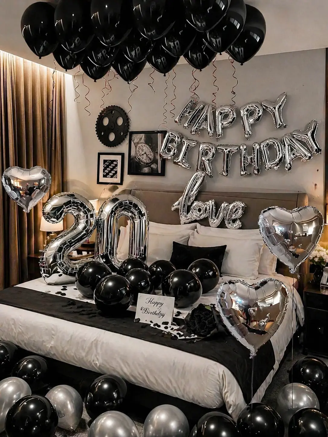 43pcs Black&Silver Romantic Birthday Balloon Set - Latex & Foil Balloons, Heart Shapes, Alphabet Letter Cutouts, Self-Sealing Premium Party Decor Supplies for Celebrations, Black&Silver Birthday Balloon Set