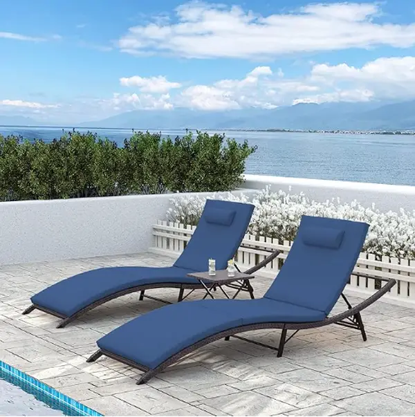 Lounge Chair for Outside,3 Pieces Chaise Lounge Outdoor Folding Pool Lounge Chairs Including Table Rattan Patio Furniture Set