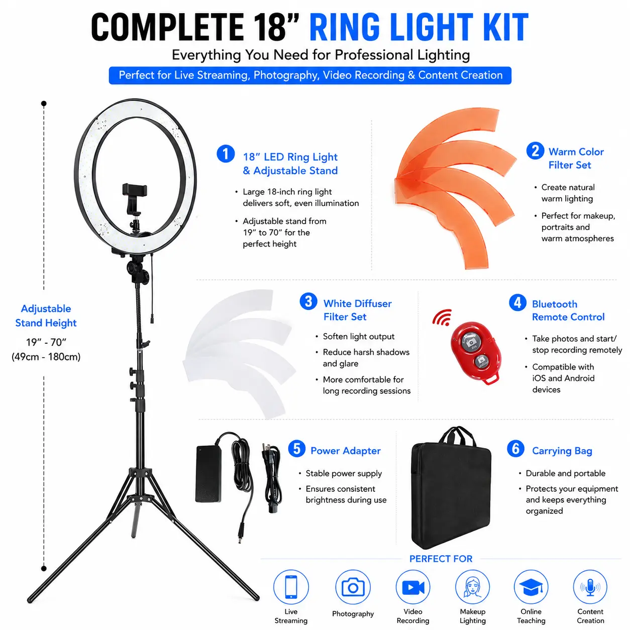 LDGHO 18-Inch Edge Lit Ring Light with Tripod Stand & Phone Holder, 45W 2900-7000K Dimmable Lighting, Compatible with iPhone for Video Recording, Selfie Makeup