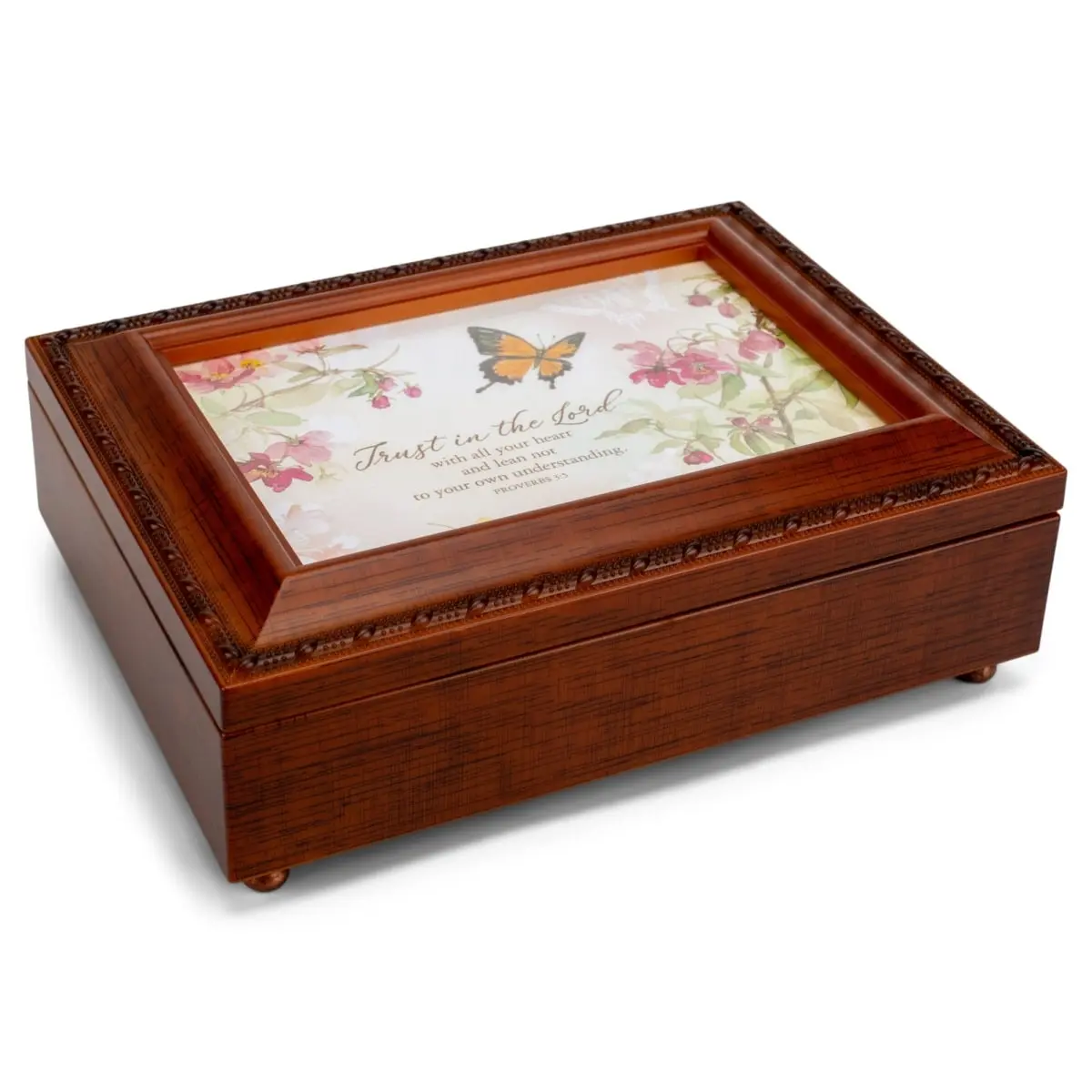 Dicksons MB2359S Traditional Wood Polymer 360-Degree Rotating Mechanical Collectible Music Box - Butterfly Artwork, Trust In The Lord Theme, Flower Accent, 8x6x2.5in, Hinged Lid, Photo Slot, Home Decor Gift, Boxed