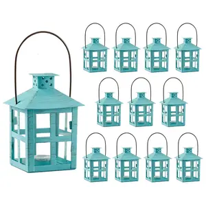 Kate Aspen Mini Decorative Lantern - 12PCS - Vintage Metal Tealight Candle Lanterns, Centerpiece for Wedding Table, Accent Piece & Party Favor, Turquoise