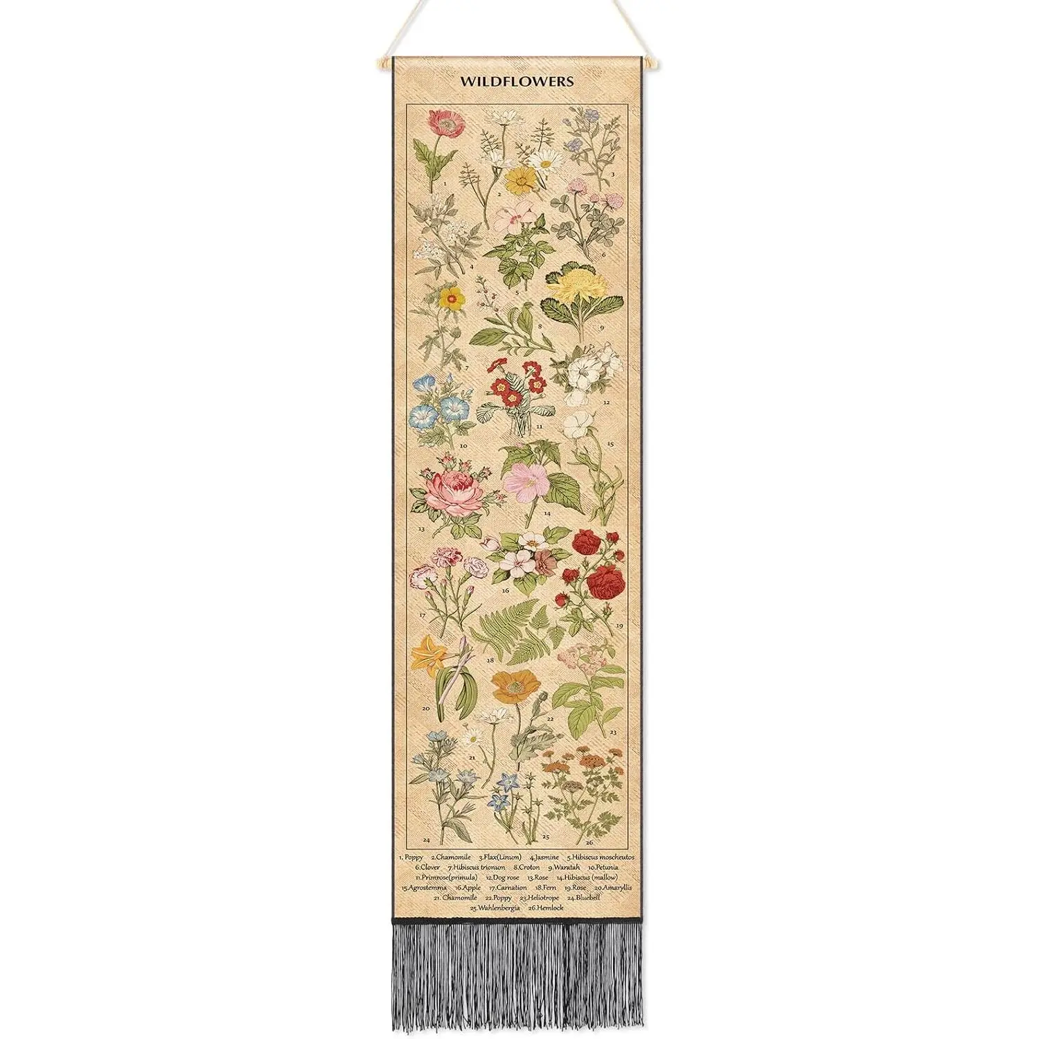 Vintage Colorful Floral Print Vertical Tapestry - Long Narrow Sturdy Wood-Accent Flower Wall Hanging with Tassels, Natural Home Decor Fabric for Gifting to Friends