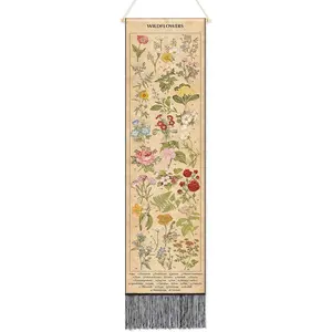 Vintage Floral Vertical Tapestry Wall Hanging Long Narrow Wall Fabric Flower Hanging Reference Illustrative Botanical Tassel Tapestry for Home Decor Gift (Natural)