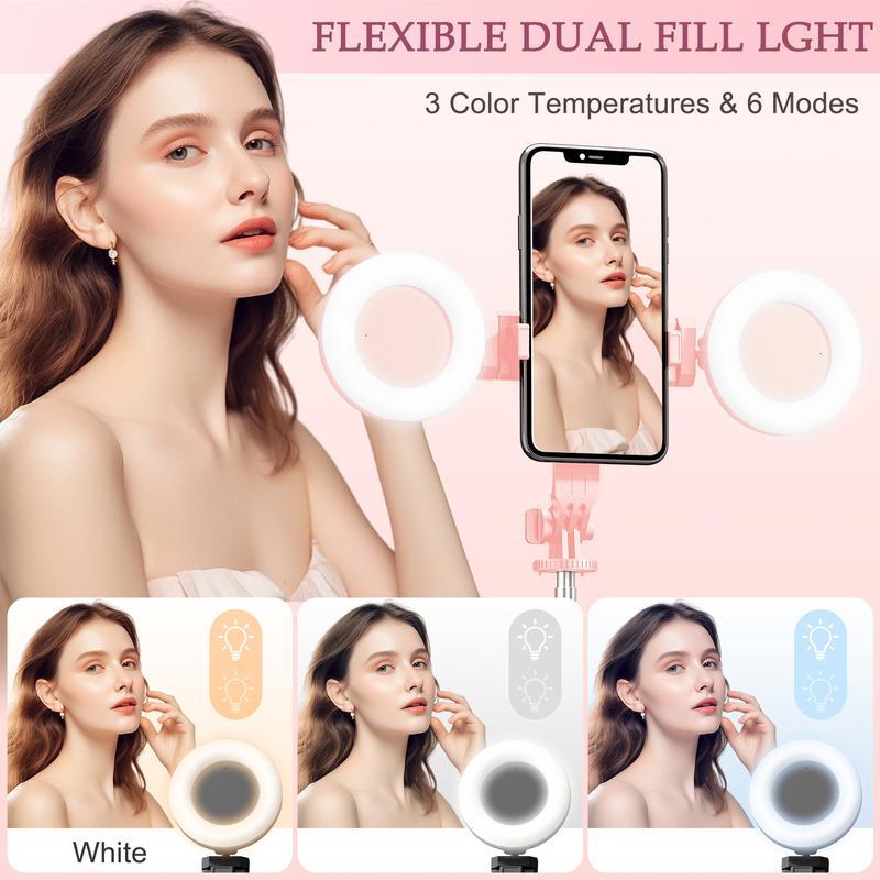 6-in-1 Selfie Tripod with Dual Fill Lights & Wireless Remote Portable Adjustable Phone Stand Detachable 360° Compact Travel Tripod for Live Broadcasts & Outdoor Adventures Android Bluetooth Expandable Smartphone Cellphone Stick Cable Steel