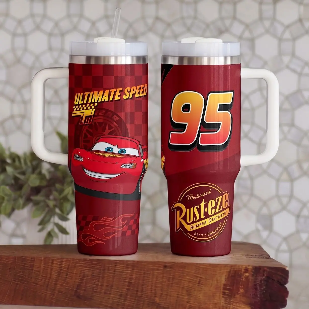40oz Lightn' M.cqueen Racing Tumbler with Handle and Straw, Stainless Steel Insulated Travel Mug, Birthday Gift for Car Lovers