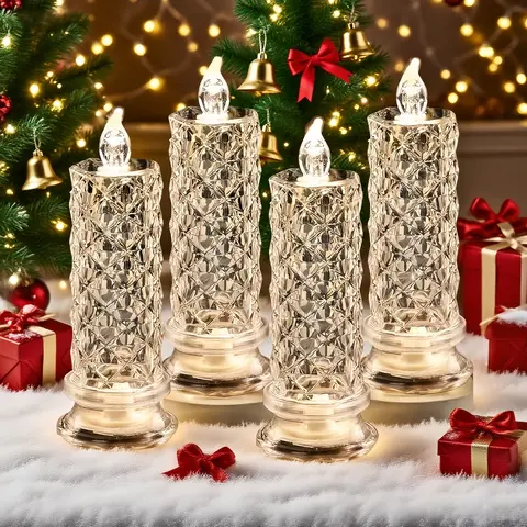 4-Piece LED Crystal Candle Lights - Indoor Aesthetic Artificial Decor Lights with Crystal Elements, Bedroom Tabletop Bedroom Decor, Thoughtful Gifts for Anniversaries, Birthdays, Weddings