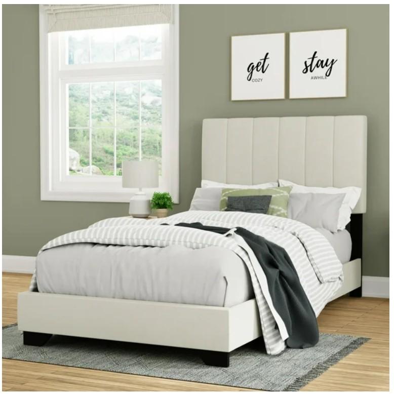 Reece Channel Stitched Upholstered Twin Bed Ivory Color Modern Design for Comfortable Sleep
