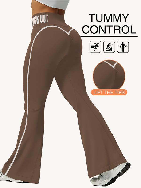 Women's Fall Winter Two-Piece Set Colorblock Letter Fitness Bell Bottom High Waisted Tight Yoga Pants High Waist Leggings