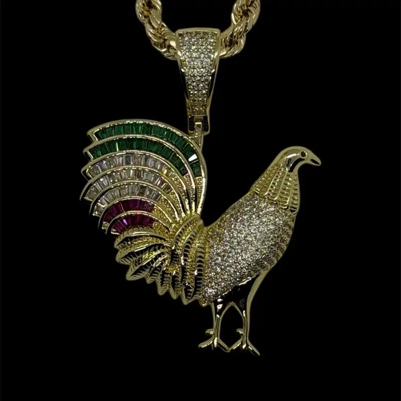 14k Gold Plated Rooster Necklace - Red White Green CZ Design , Daily Wear Chain Jewelry for Men