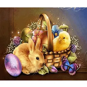 1PC  Diamond Painting Easter Theme Diamond Painting Kit Cute Bunny Chick with Basket and Floral Eggs DIY Full Drill Crystal Art for Home Wall Decor and Handcraft Lovers
