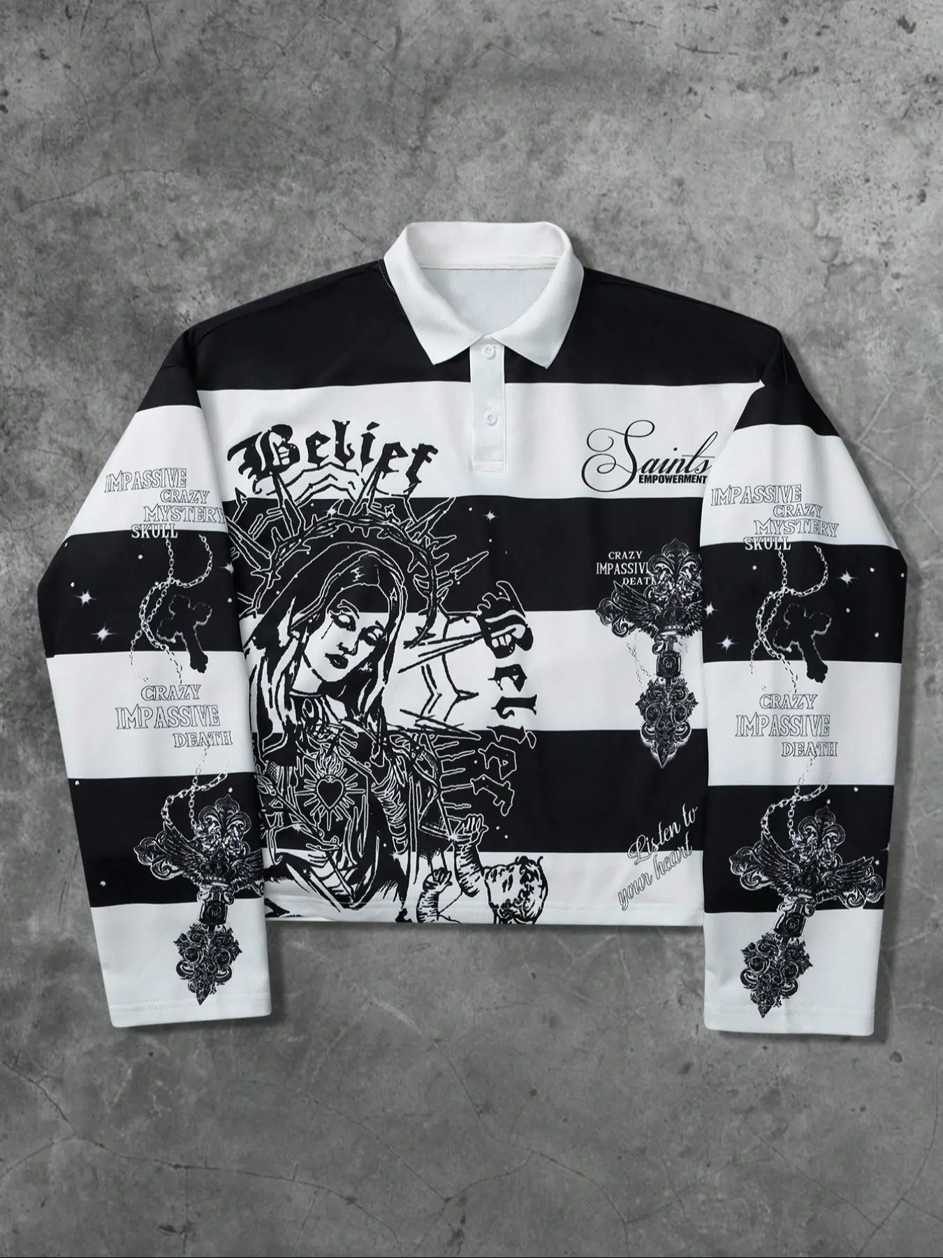 Men's Vintage Saint Mary Striped Long Sleeves Polo Sweatshirt, Streetwear Street Style American Fashion, Casual Hooded Pullover, Graphic Print Design, Cartoon Print Sweatshirt, Menswear
