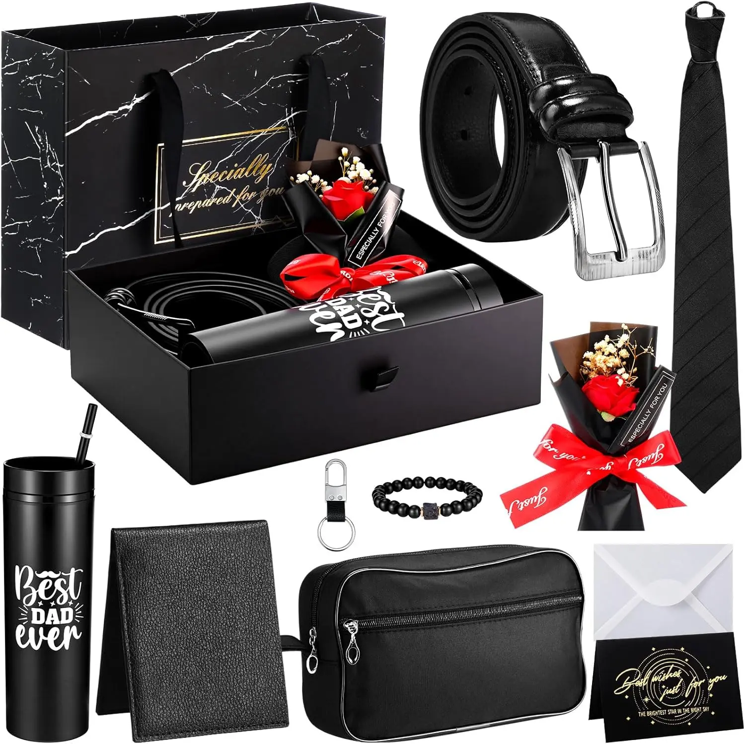 10 Pcs Father’s Day Gifts Set for Dad – Premium Gift Basket Box for Men | 16oz Stainless Steel Tumbler, Wallet, Tie, Belt & Accessories | Birthday, Anniversary & Christmas Gifts for Husband, Boyfriend & New Dad