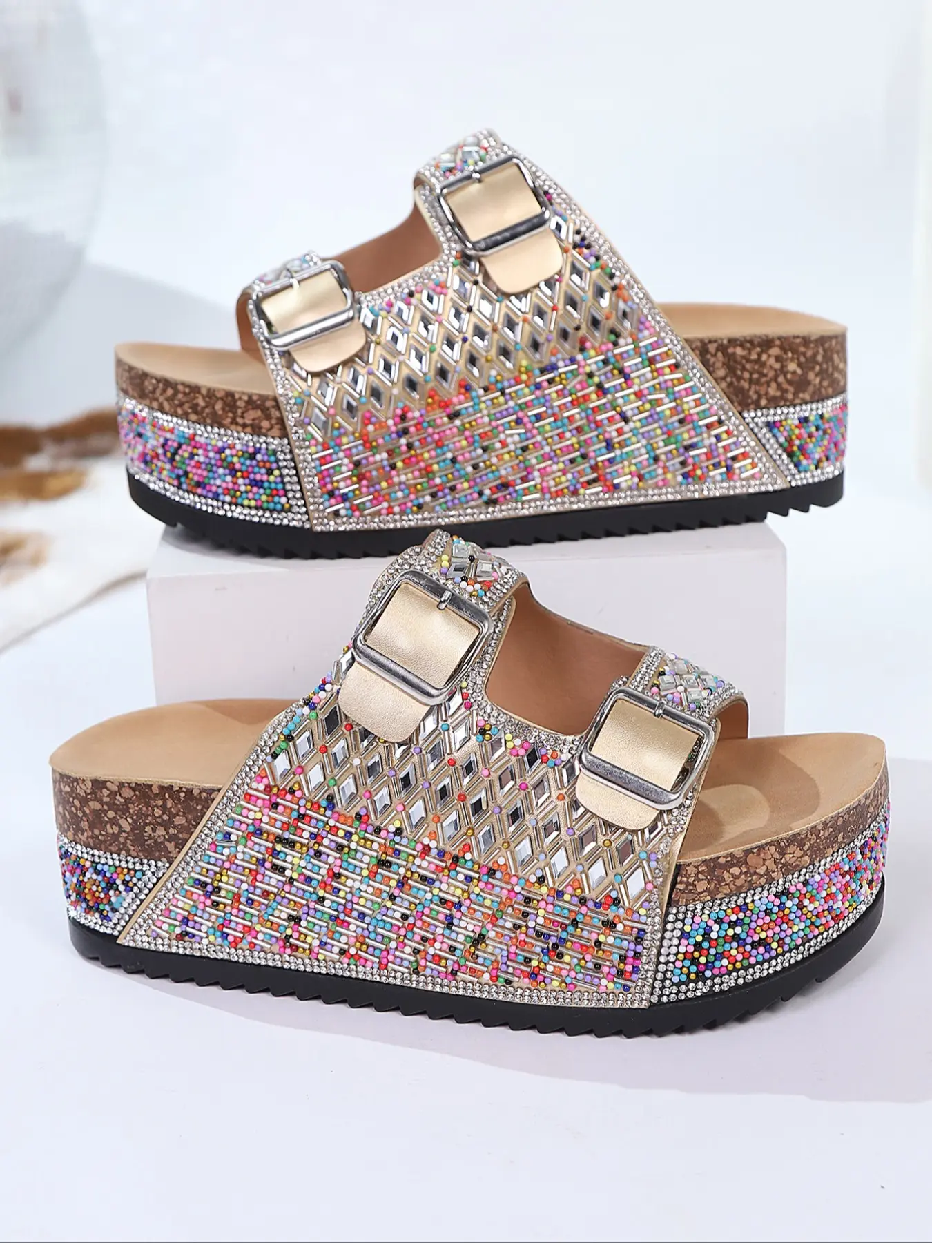 Colorful Rhinestone Two-Buckle Wedge Sandals for Women, Summer Soft Sole Thick Bottom Flip Flops, Outdoor Height-Boosting Beach Shoes, Fashionable Rhinestone Sandals