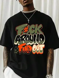 "F@K AROUND & FIND OUT" Graphic T-Shirt -  Cotton Crew Neck T-Shirt With Bold Orange And Green Graffiti Print, Breathable Short Sleeve Shirt For Summer, Everyday Wear Shirt Street Fashion Comfortable Fit, Everyday Wear