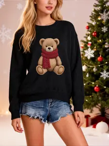 Women's Fall Winter Fitted Sweater Long Sleeve, Soft Warm Touch Fabric, Cartoon Bear Print Scarf, Casual Style, Multi-Scene Wear, Top, Womenswear, Lady, Piece
