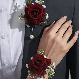 2pcs Elegant Rose Corsage and Wrist Flower Set, Polyester Fiber, Suitable for Events, Parties, Weddings Decorations