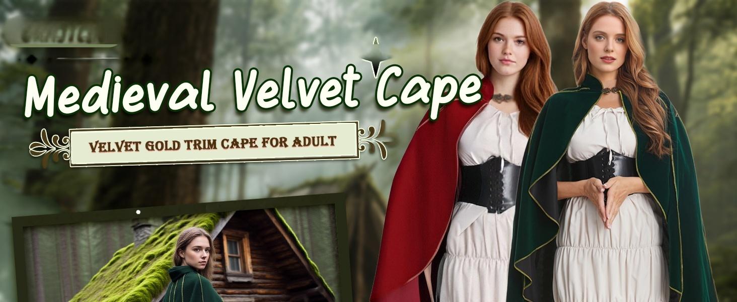 Women's Medieval Cloak Stand Collar Deluxe Velvet Gold Trim Renaissance Cape for Adult