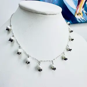 Stirling Silver Pearl Necklace Vintage with Adjustable Chain and Decorative Beads