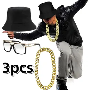 3 Pcs Retro 90s Style Accessory Set - Bucket Hats, Imitation Gold Chains, and Sunglasses for Hip Hop Costumes, Costume Parties, and Streetwear Styling