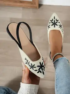 Women's Beige Pointed Toe Slingback Flats, Black Floral Embroidery Decor, Textile Upper with Black Slingback Strap, Comfortable Non-Slip Casual Dress Shoes for Daily, Party and Date Wear