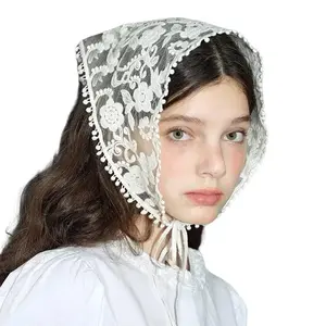 White Woven Floral Lace Hair Scarf Wraps Women Retro Triangle Headscarf Hat Travel Photo Headband Hair Accessories