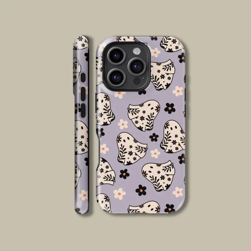 Cute floral ghost design, Halloween 2-in-1 phone case cover with durable, shock-absorbing, shockproof, protection, and stylish design. Compatible with iPhone 17 16 15 14 13 12 11 Pro Max Pro Plus Samsung Galaxy S25 S24 S23 Ultra