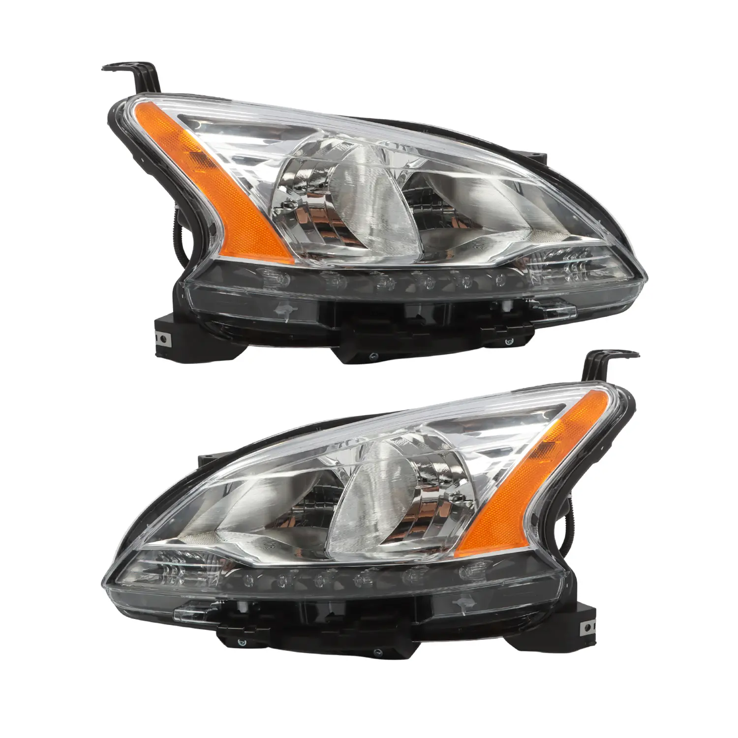 Nakkaa Composite LED DRL Headlights with Amber Corners & Chrome Housing, Factory Look for 2013-2015 Nissan Sentra, H9/H11 Bulbs Not Included, 1 Pair Pack (Left & Right Sides)