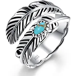 Sterling Silver Feather Ring with Black Onyx & Turquoise - Adjustable Stacking Vintage Statement Ring for Women & Men