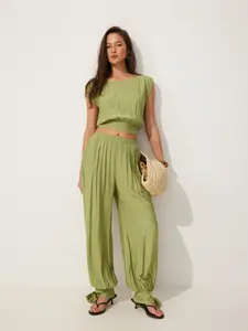 Cider Textured Boat Neck Cut Out Knotted Top & Mid Rise Jogger Pants Set