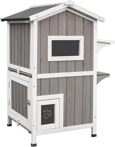 PetsCosset Outdoor Cat Shelter Weatherproof Two Story Wooden Outside Feral Cat House with Openable Roof Escape Door