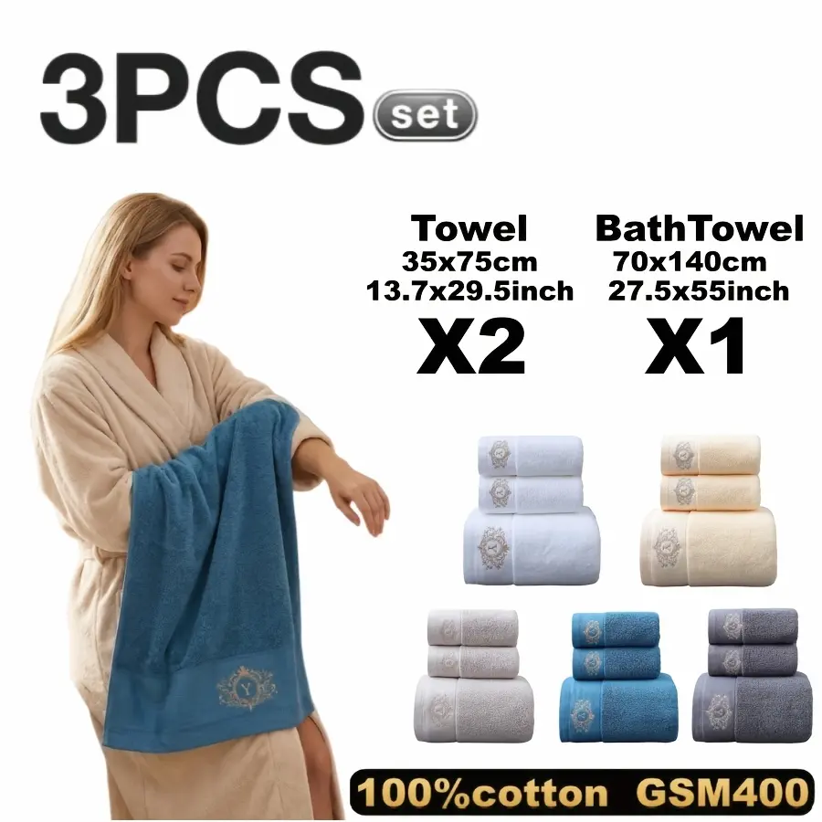 Luxurious 3pcs Cotton Towel Set with Embroidery - Soft, Absorbent & Lint-Free Bath Towels for Men and Women - Perfect for Home, Spa, Salon Use