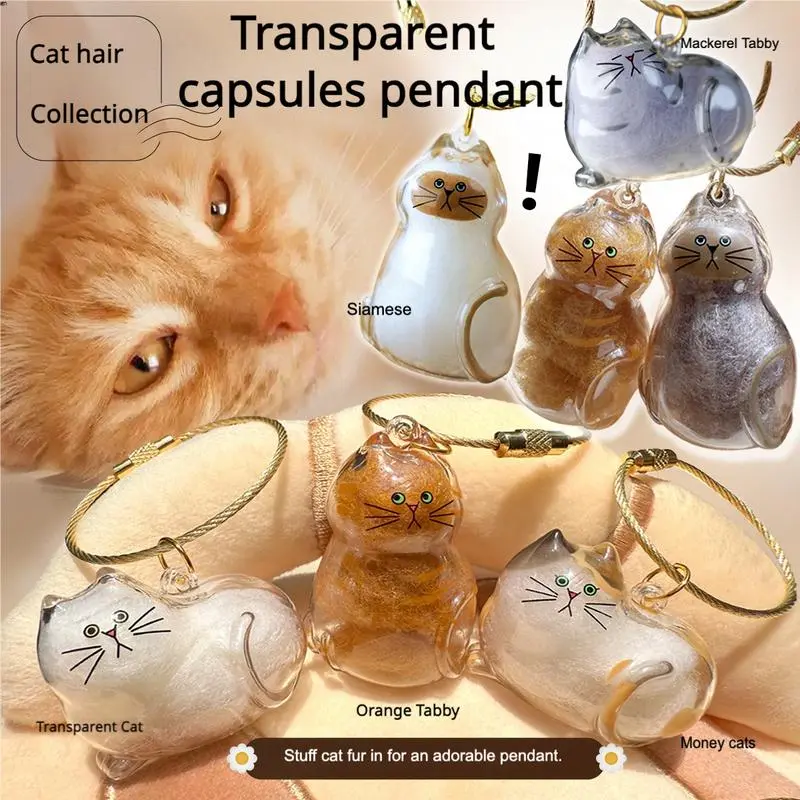 Cat-Shaped Keychain Charm and Necklace, Transparent Pet Fur Memory Capsule, Keepsake Memorial Jewelry for Pet Lovers