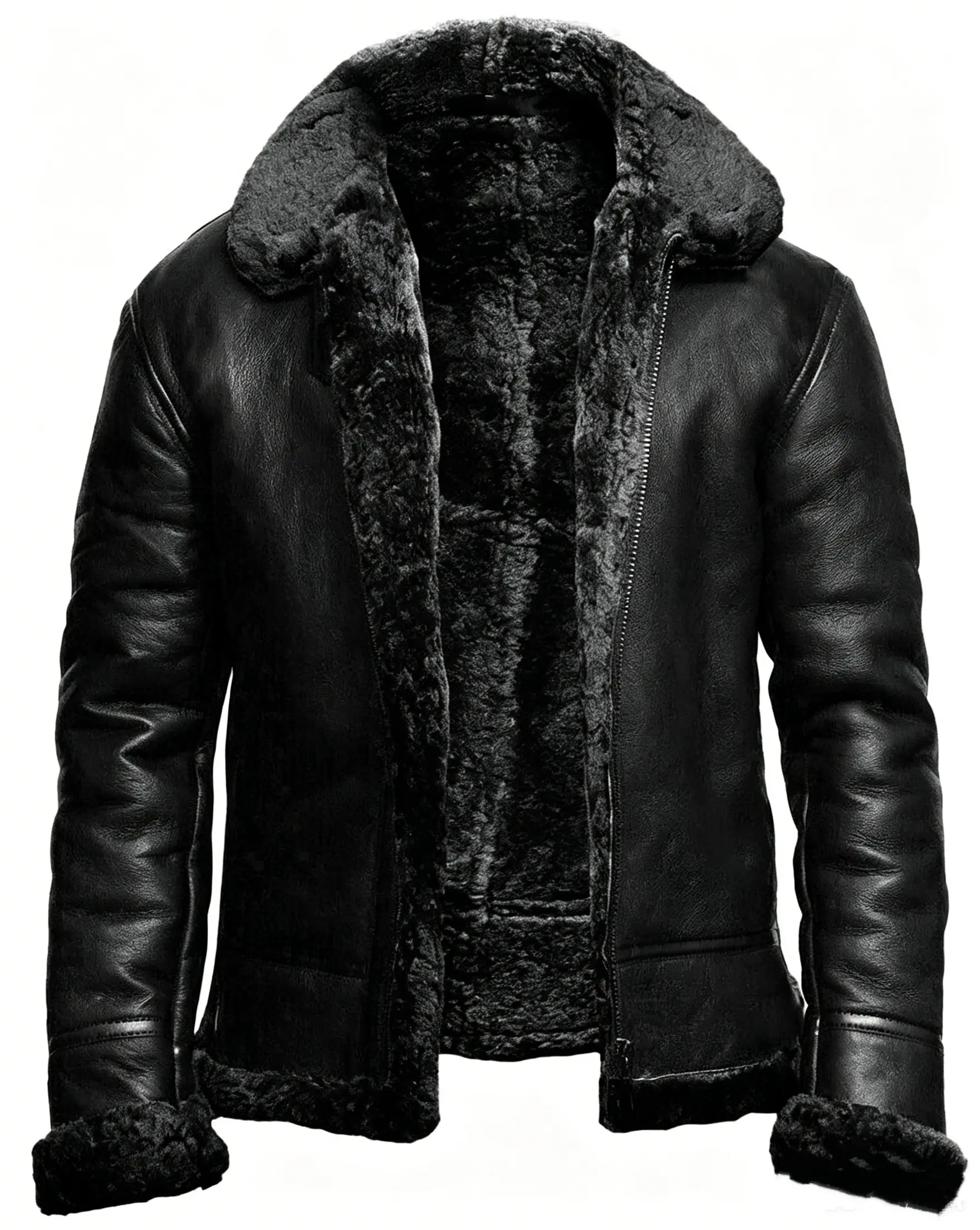 Men’s slim-fit mock-leather aviator jacket with faux shearling lining and a turn-down collar, full-zip motorcycle jacket with plush collar and inner lining, vintage casual men’s winter jacket