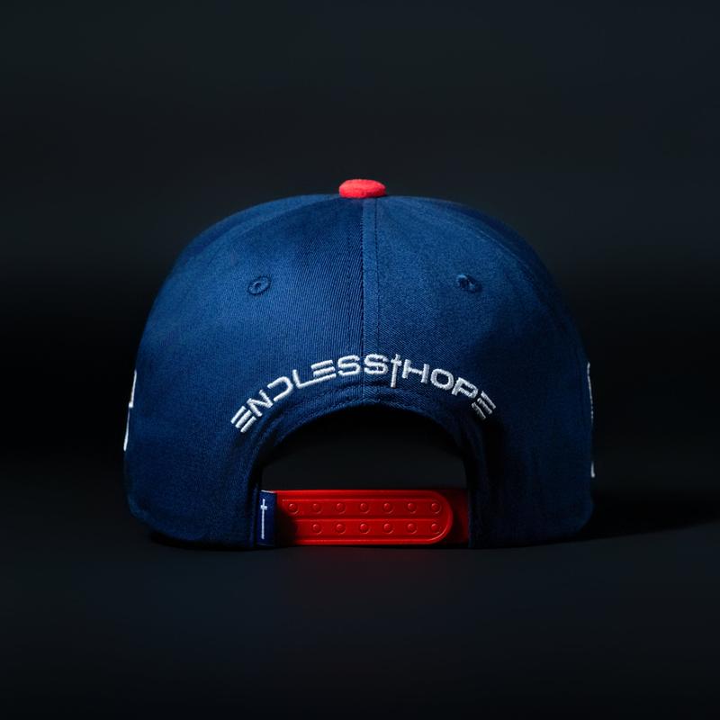 Navy Blue and Red Sueded Brim Hat with "Hope in Jesus" Side Patch and "7 with Dove" Symbolic Design for Faithful Fashion