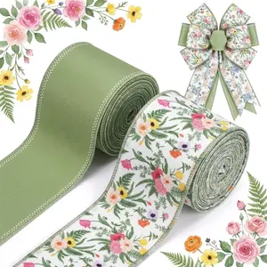 Green Wildflowers Wired Edge continuous Ribbon for Summer Mother's Day Wreath Bow Making DIY Wrapping Party Decor Supplies, 2 Rolls, 10Yard