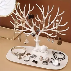 Antler-Shaped Jewelry Display Stand - Vinyl Jewelry Organizer with Multiple Hooks & Tray for Earrings, Necklaces, Bracelets - Elegant Home Decor Accessory Storage Rack, Jewelry Display for Selling, Necklace Holder, Decorative Rack, Sturdy