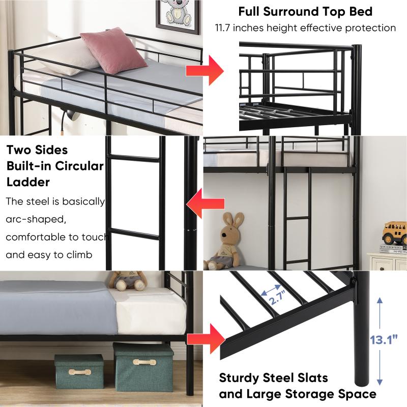 [Bellemave]Bunk Bed Twin Over Twin Size with 2 Ladders and Full-Length Guardrail, Metal, Storage Space, No Box Spring Needed, Noise Free, Black