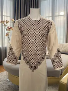 Men’s Cream Kameez – Cream with Brown & Black Machine Embroidery | Afghan Outfit (Medium)