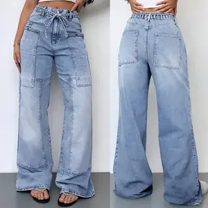Women's Plain Button Adjustable Tie Waist Drawstring Jeans, Casual Pocket Trousers for Daily Wear, Ladies Bottoms for All Seasons