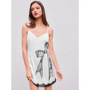 Cider [2 colors, size 0-26] Satin V-neck Bowknot Contrasting Lace Mini Dress